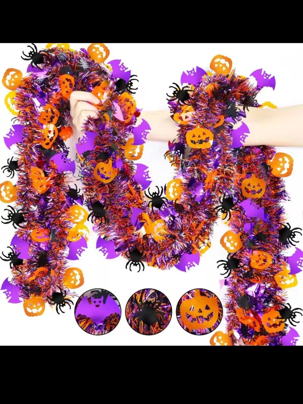 Halloween Tinsel Garland with Orange, Purple & Black Accents